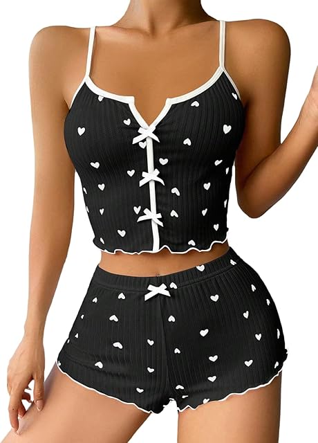 Women Print Ribbed PJ Set Crop Cami Tops and Shorts Cute Pajamas Set Cami Sleepwear Lingerie Set