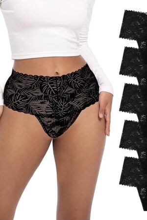 High Waisted Lace Thongs Panties For Women Plus Size Retro Thong High Rise Lacy Underwear Pack 5 Size S-4XL