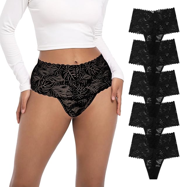 High Waisted Lace Thongs Panties For Women Plus Size Retro Thong High Rise Lacy Underwear Pack 5 Size S-4XL