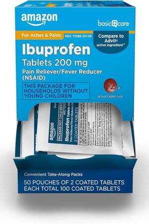 Amazon Basic Care Ibuprofen Tablets, 200 mg, Pain Reliever and Fever Reducer, For Headache, Muscular Aches, Arthritis, Backache and More, 100 Count (Pack of 1)