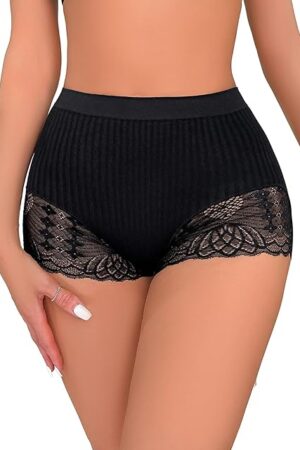 Women Seamless High Waist Knit Boyshorts Sexy Lace Trim Underwear