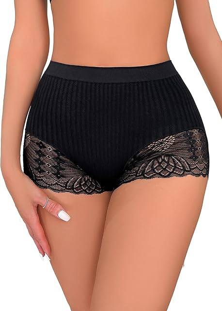 Women Seamless High Waist Knit Boyshorts Sexy Lace Trim Underwear