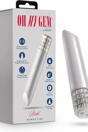 Blush Sex Toys - Oh My Gem Bold Power Vibe - Gem Base Bullet Vibrator - 5 Inch - 10 RumboTech Vibration Modes - Clitoral g-Spot Nipple Stimulator - Waterproof Mini Massager for Women & Couples - White
