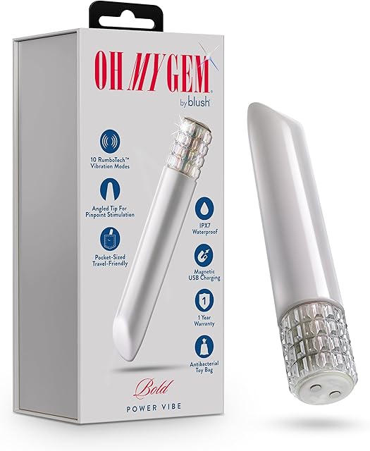 Blush Sex Toys - Oh My Gem Bold Power Vibe - Gem Base Bullet Vibrator - 5 Inch - 10 RumboTech Vibration Modes - Clitoral g-Spot Nipple Stimulator - Waterproof Mini Massager for Women & Couples - White