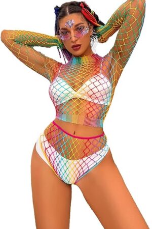 Women Rainbow Rave Outfit Fishnet Dress Bodysuit Music Festivals Halloween Cosplay Costume Sexy Disco Dance Clubwear