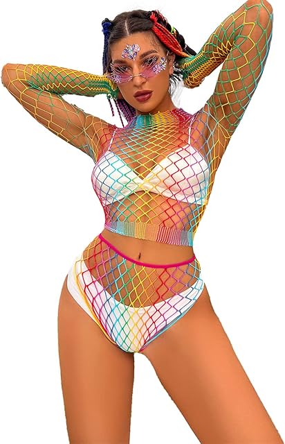 Women Rainbow Rave Outfit Fishnet Dress Bodysuit Music Festivals Halloween Cosplay Costume Sexy Disco Dance Clubwear