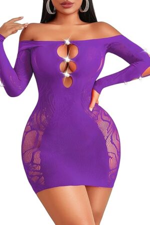 Womens Fishnet Lingerie Sexy Bodycon Mini Dress Mesh Cut Out Babydoll Chemise Off Shoulder Stripper Outfits