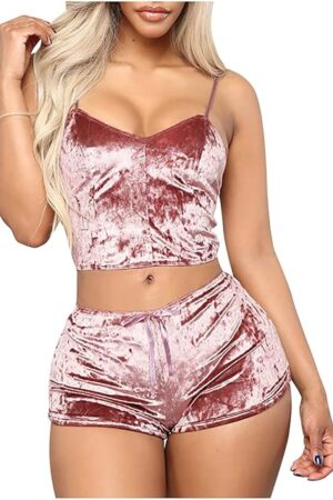 Women Sexy Strappy Babydoll Lingerie Velvet Pajama Set Camisole with Shorts Set Nightwear 2 Piece Sleepwear