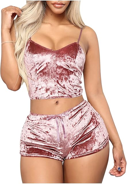 Women Sexy Strappy Babydoll Lingerie Velvet Pajama Set Camisole with Shorts Set Nightwear 2 Piece Sleepwear
