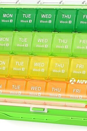 AUVON Monthly Pill Organizer Moistureproof, Large 28 Days Pill Case with Removable 4 Weeks Pill Box Rows, Travel-Friendly Pill Container for Fish Oils, Vitamins, Supplements and Medications