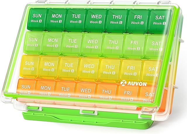 AUVON Monthly Pill Organizer Moistureproof, Large 28 Days Pill Case with Removable 4 Weeks Pill Box Rows, Travel-Friendly Pill Container for Fish Oils, Vitamins, Supplements and Medications