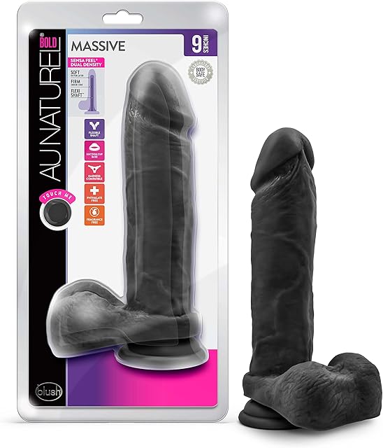 Blush Novelties Au Naturel Bold Massive 9 Inch Soft Realistic Sensa Feel Dual Density Flexishaft Suction Cup Strap On Harness Compatible Dildo - Sex Toy for Women and Men - Black