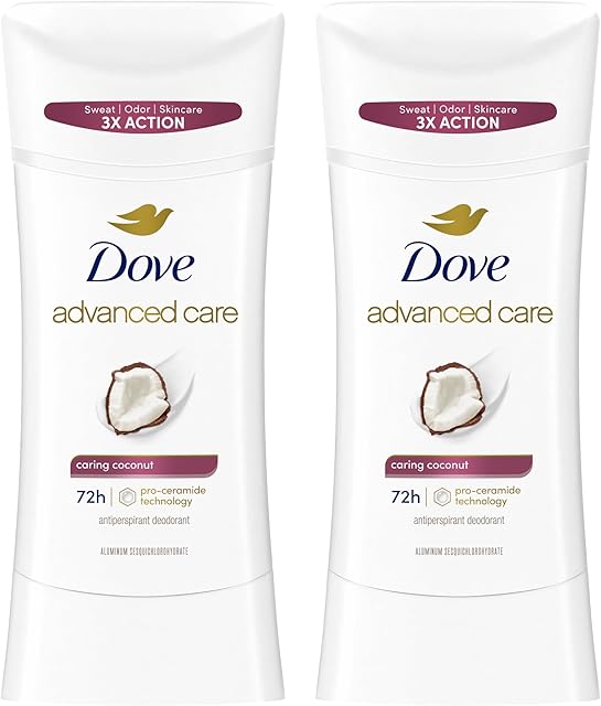 Dove Advanced Care Antiperspirant Caring Coconut, 2 Count Deodorant Stick for Women, for 48 Hour Protection And Soft And Comfortable Underarms, 26 oz