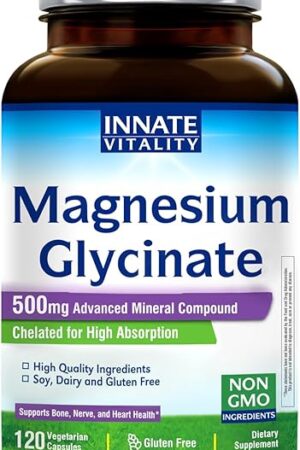 Innate Vitality Magnesium Glycinate 500mg | 70mg Elemental Magnesium Supplement- High Absorption, Non Buffered, Non-GMO & No Gluten - Nerve, Muscle, Bone Health - 120 Vegan Capsules Magnesio