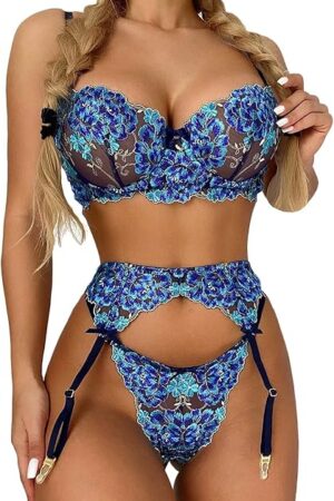 Garter Lingerie for Women,Embroidered Ruffle Floral Lace Sexy Lingerie,Underwire Backless Mesh Sheer Matching 3 Piece Lingerie Set Boudoir Blue Medium