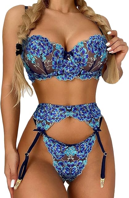 Garter Lingerie for Women,Embroidered Ruffle Floral Lace Sexy Lingerie,Underwire Backless Mesh Sheer Matching 3 Piece Lingerie Set Boudoir Blue Medium