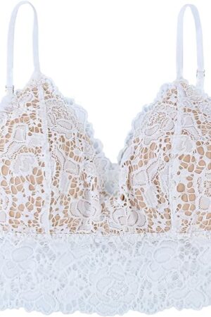 KELITCH Women String Bralette for Women Floral Lace Padded Bra Breathable Lace Hem White S