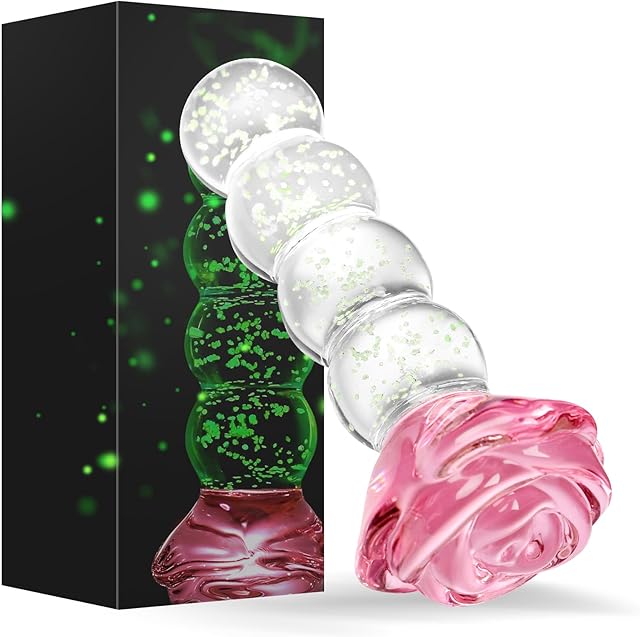 Anal Beads Glass Butt Plug - Glass Dildo Glow in The Dark Rose Anal Plug, Rose Dildo Sex Toy for Prostate G Spot Stimulation, Adult Sex Toys for Men Women Lesbian Couples