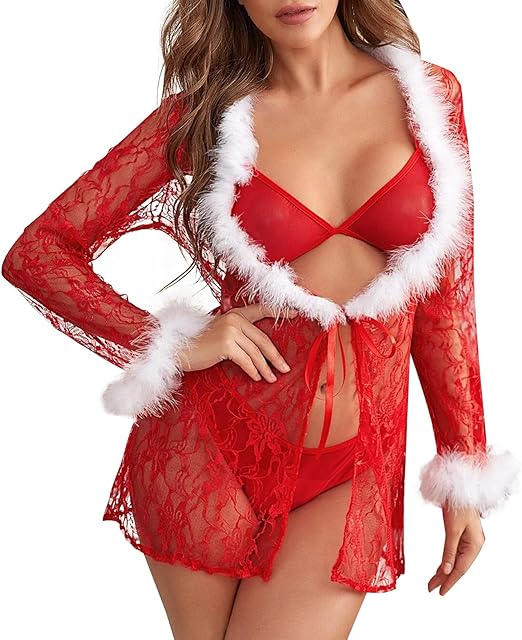 Women's Sexy Christmas Lingerie Set 3 Piece See Through Faux Fur Trim Lace Kimono Robe with Bra Panty Sheer Sleepwear