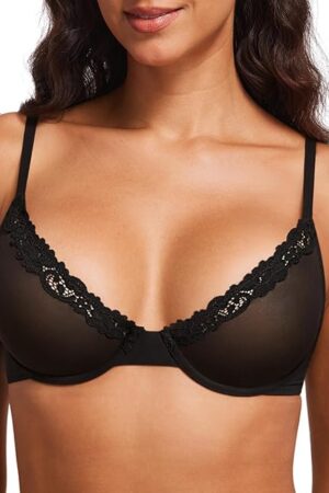 Women's Mesh Balconette Bra Sheer Demi Underwire Unlined Sexy Plus Size Plunge Bras Lace Trim
