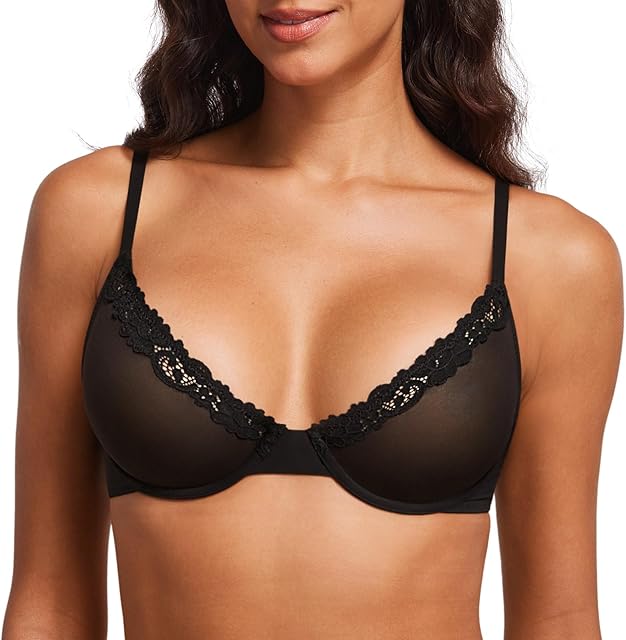 Women's Mesh Balconette Bra Sheer Demi Underwire Unlined Sexy Plus Size Plunge Bras Lace Trim