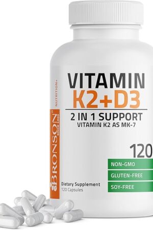 Bronson Vitamin K2 (MK7) with D3 Supplement Non-GMO Formula 5000 IU Vitamin D3 & 90 mcg K2 MK-7 Easy to Swallow D & K Complex, 120 Capsules