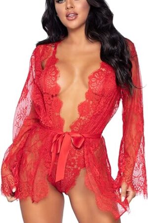 Women's 3 PC Love Affair Lace Robe and Teddy Set Sexy Lace Lingerie For Women, Red, 1X-2X