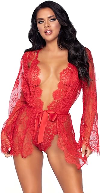 Women's 3 PC Love Affair Lace Robe and Teddy Set Sexy Lace Lingerie For Women, Red, 1X-2X