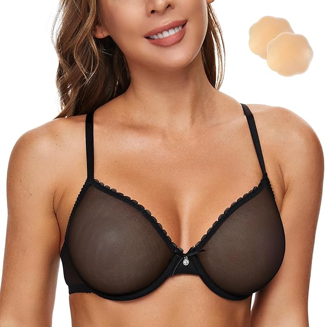 Women's See Through Sexy Sheer Bra Unlined Underwire Support Everyday Bra with Silicone Nipple