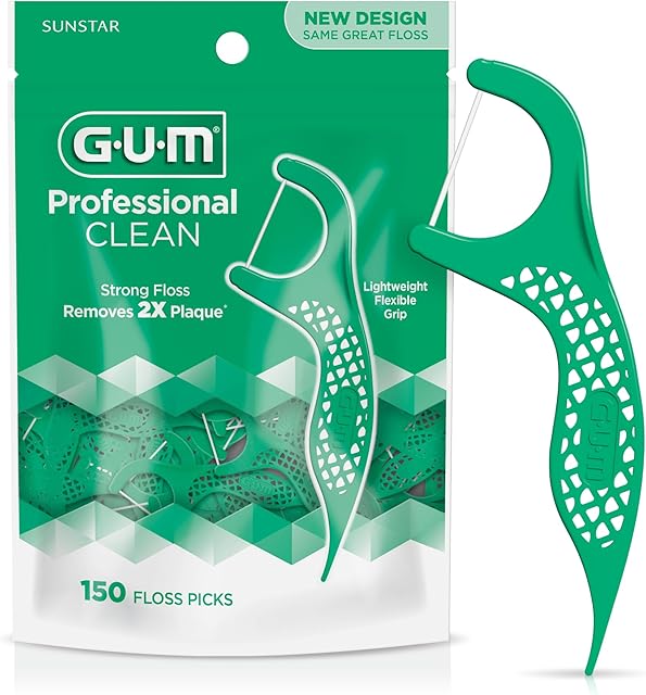 GUM Professional Clean Floss Picks - Extra Strong Shred-Resistant Floss, Easy Grip Handle - Dental Flossers for Adults - Fresh Mint Flavor, 150 Count