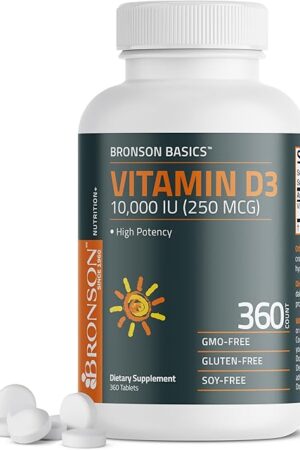 Bronson Vitamin D3 10,000iu (250mcg) 1 Year Supply for Healthy Muscle Function and Immune Support, Non-GMO, 360 Tablets