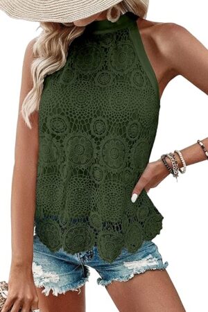 Women's Tank Tops Hollow Out Lace Boho Blouse Eyelet Embroidery Sleeveless Tops Shirts