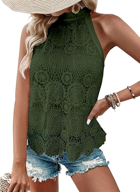 Women's Tank Tops Hollow Out Lace Boho Blouse Eyelet Embroidery Sleeveless Tops Shirts