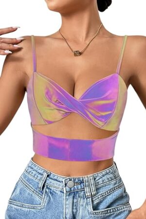 Women's Sexy Halter Buckle Tops Shiny Reflective Crop Top Punk Goth Bra Top with Waist Chain for Rave Club Party