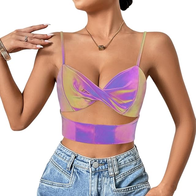 Women's Sexy Halter Buckle Tops Shiny Reflective Crop Top Punk Goth Bra Top with Waist Chain for Rave Club Party