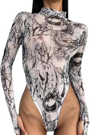 Womens Long Sleeve Tie Dye Sheer Mesh Bodysuit Sexy Mock Neck Teddy Lingerie Thong Leotard Tops Rave Outfit