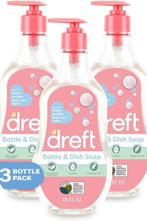 DREFT Bottle and Dish Soap | Made to Clean Baby Bottles, Sippy Cups, Pacifiers, Breast Pumps, & More | Gently Removes Milk Film & Odors | Plant Based, Fragrance Free Dish Soap | 18 Fl Oz (Pack of 3)