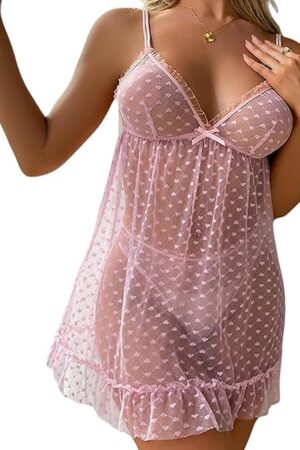 Women Lace Lingerie Babydoll Heart Chemise Nightie Sexy Mesh sleepwear