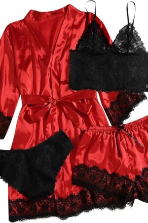 Womens Silk Satin Pajamas Set 4 Piece Sexy Lace Lingerie Sets Shorts with Robes Sleepwear Soft Cozy Ladies Loungewear