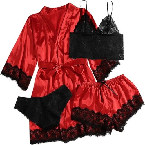 Womens Silk Satin Pajamas Set 4 Piece Sexy Lace Lingerie Sets Shorts with Robes Sleepwear Soft Cozy Ladies Loungewear