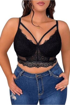 Women's Plus Size Contrast Lace Cut Out Bra V Neck Wireless Bralette Strappy Sexy Lingerie Bra