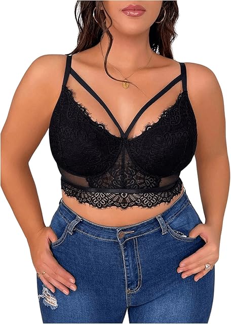Women's Plus Size Contrast Lace Cut Out Bra V Neck Wireless Bralette Strappy Sexy Lingerie Bra