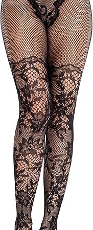 Womens Dahlia Lace Tights French Cut Sexy Black Tights for Women with Fishnet Thigh Detail, Black, One Size