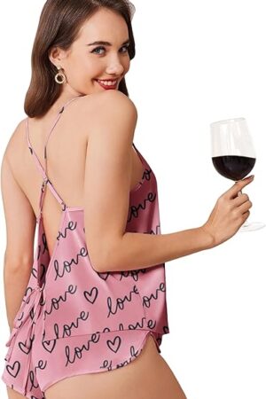 Womens Satin Pajama Sets Silky Backless Pjs Camisole Top and Shorts Soft Nightwear Set