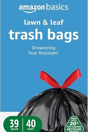Amazon Basics 39 Gallon Lawn & Leaf Heavy Duty Drawstring Trash Bags, 20% Post Consumer Recycled, 40 Count