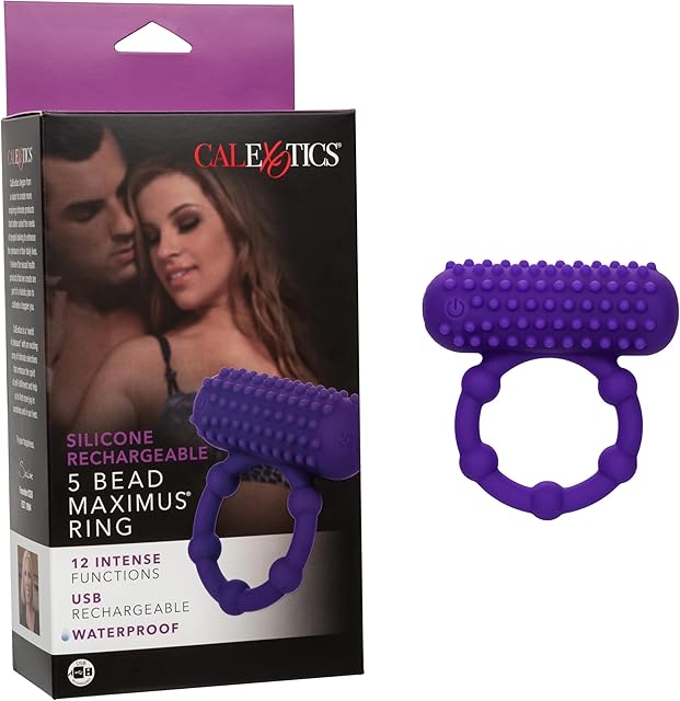 CalExotics Silicone Rechargeable 5 Bead Maximus Ring Rechargeable Beaded Pleasure Ring Waterproof Massager Sex Toy for Couples Purple