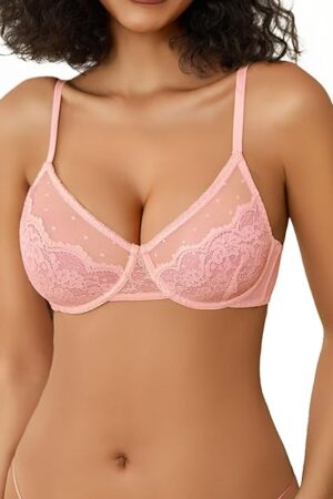 Lace Bras for Women Sheer Balconette Underwire Unlined Everyday Bras Lingerie (Pink S)