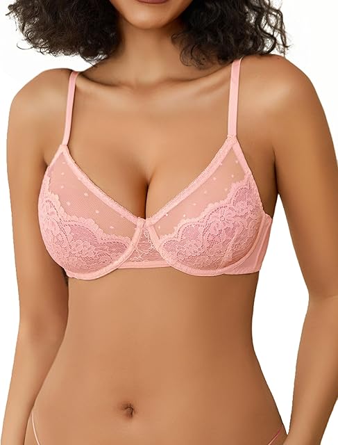 Lace Bras for Women Sheer Balconette Underwire Unlined Everyday Bras Lingerie Pink XL