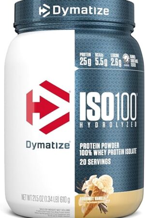Dymatize ISO100 Whey Protein Powder Isolate, Gourmet Vanilla, 25g of Protein, 20 Servings, 55g BCAAs, Less Than 120 Cal, Gluten Free, 1g Fat, 1g Sugar, 2g Carb