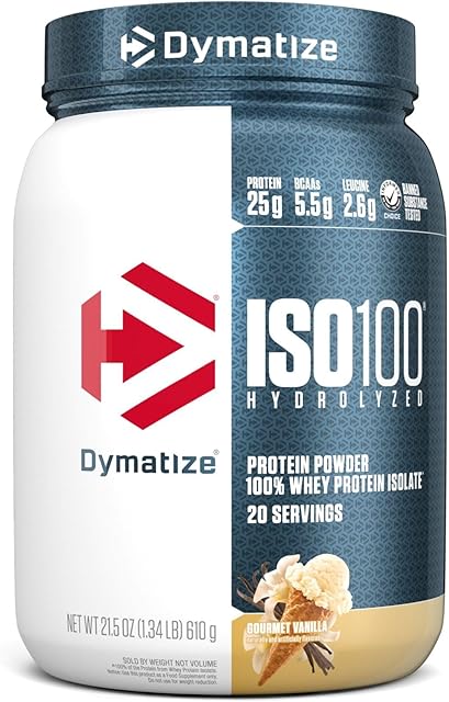 Dymatize ISO100 Whey Protein Powder Isolate, Gourmet Vanilla, 25g of Protein, 20 Servings, 55g BCAAs, Less Than 120 Cal, Gluten Free, 1g Fat, 1g Sugar, 2g Carb